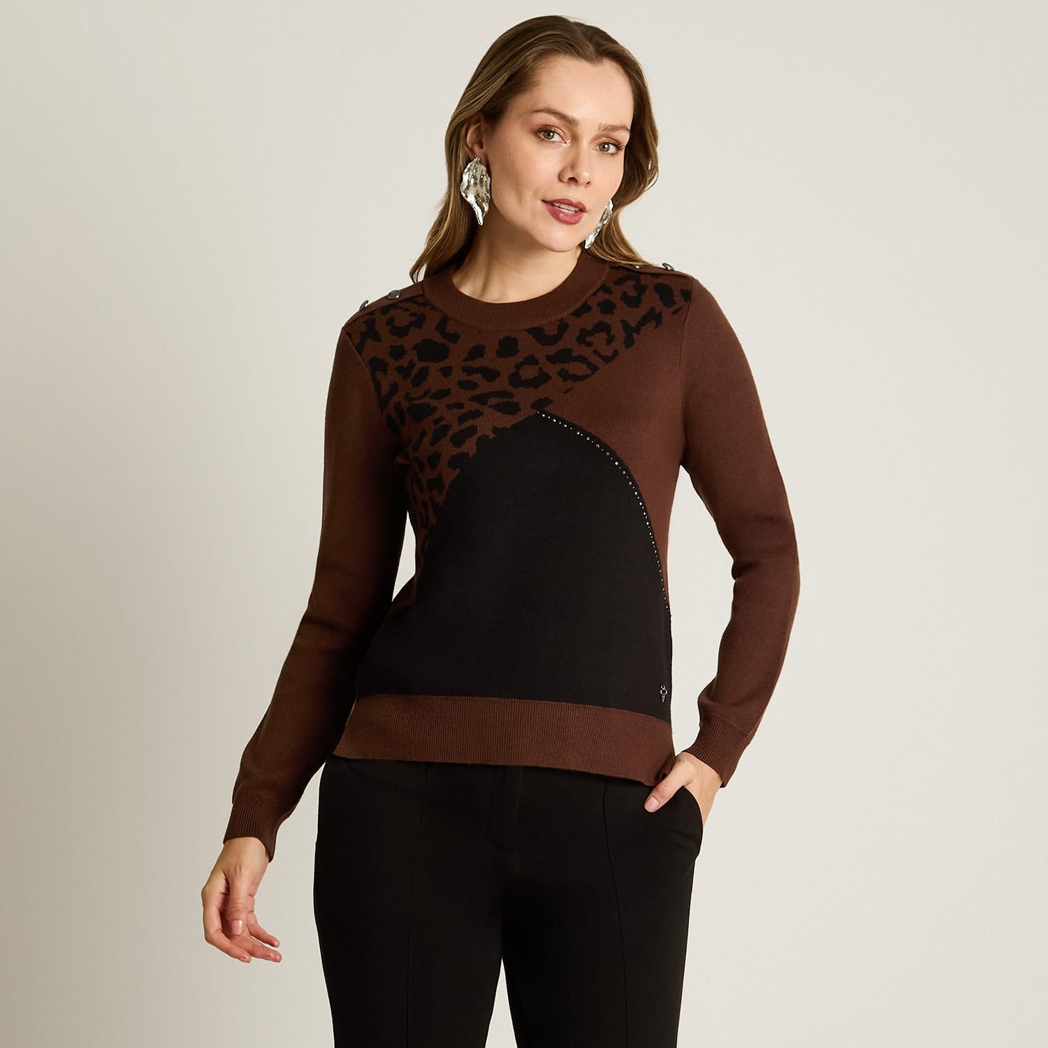 Sweater Cafe Manga Larga Elasticidad Media Sin Forro Calce Normal Tela Tejido